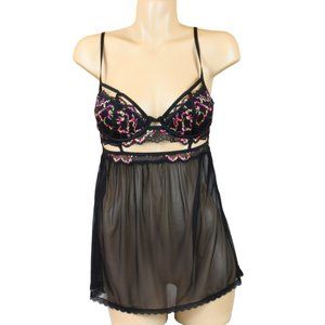 La SENZA Baby Doll Bra Neon Black Lace Medium Sheer Lined Underwire Cups b98